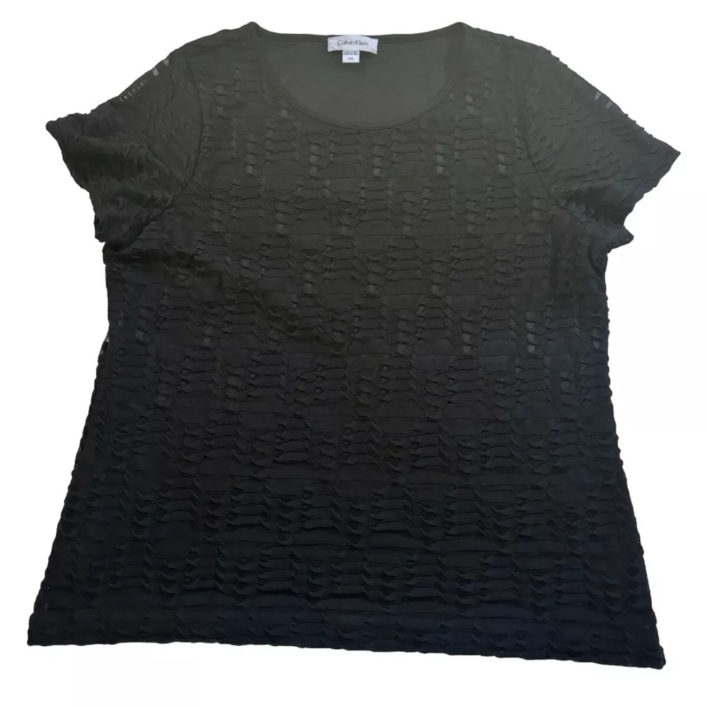 Calvin Klein Womens Top Pullover Textured Short Sleeve Lined Black Large